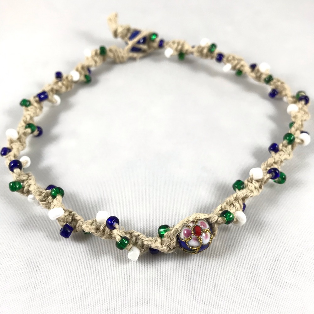 Handmade Hemp Choker W/ Blue Floral Bead